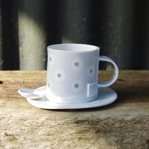 Espresso Coffee Cup, Saucer & Spoon - Light Blue Dot Design